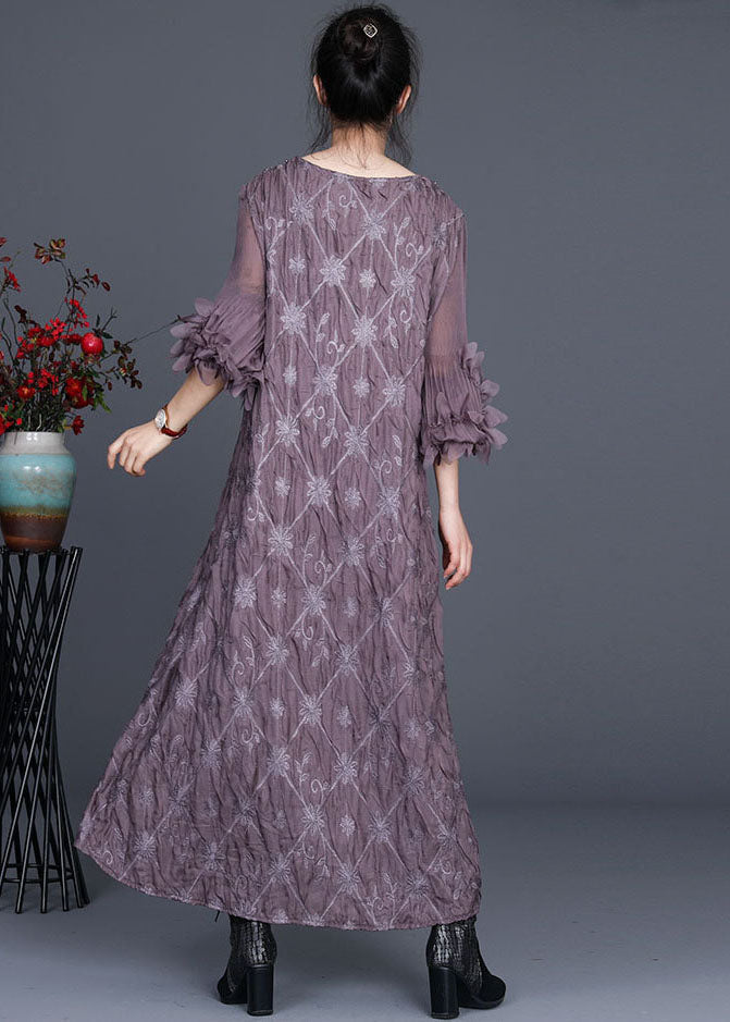 Embroidered Lace Trim V-Neck Leaf Appliqué Long Sleeve Maxi Dress - View 3