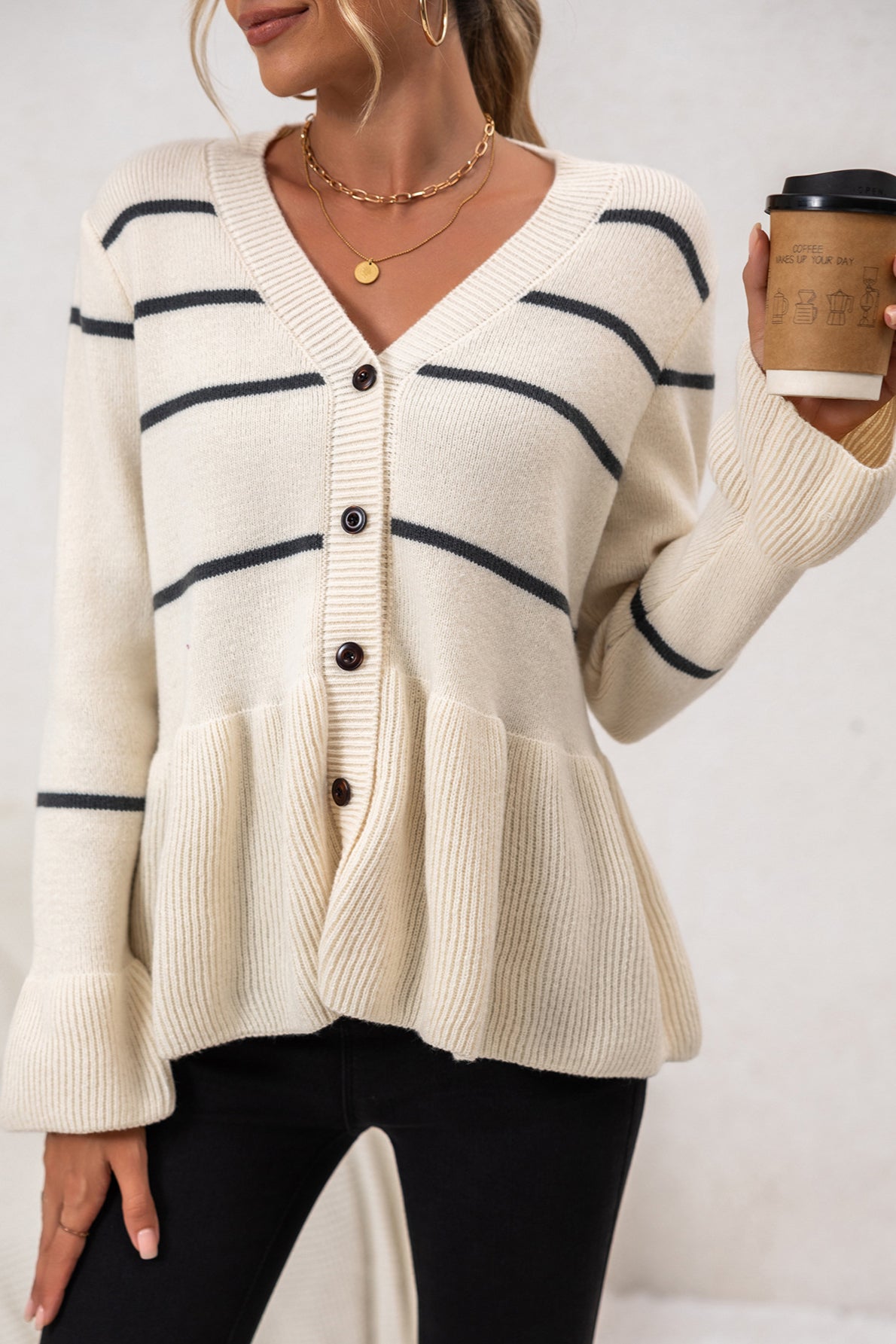 V-Neck Striped Knit Cardigan for Effortless Style and Comfort