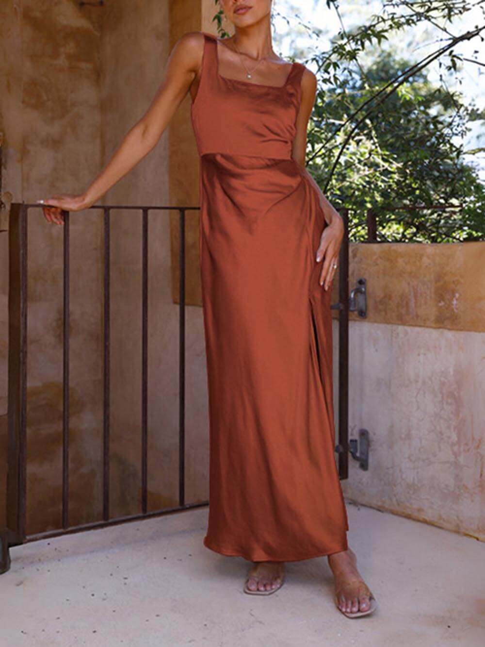 Satin Square Neck Ruched High Split Maxi Dress - View 8