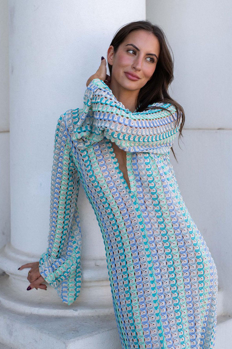 Crochet Deep V-Neck Long Sleeve Striped Boho Maxi Dress - View 9