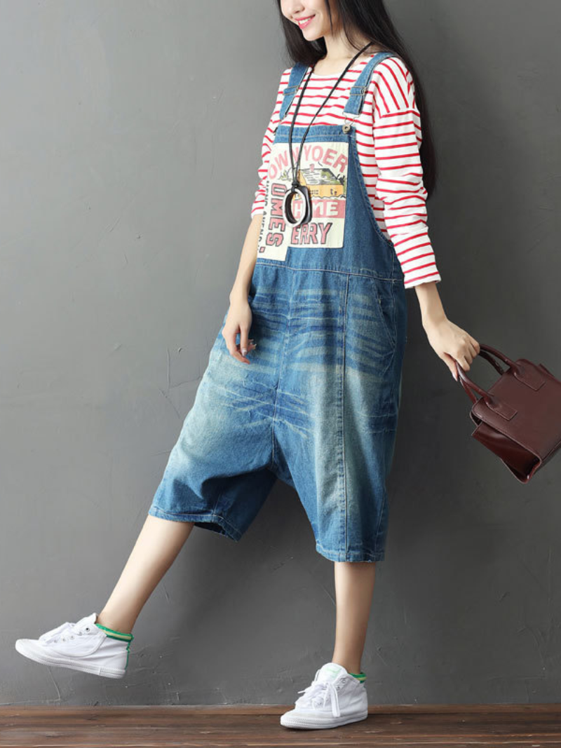 Bohemian Style Short Patch Denim Overalls - Fashionpara
