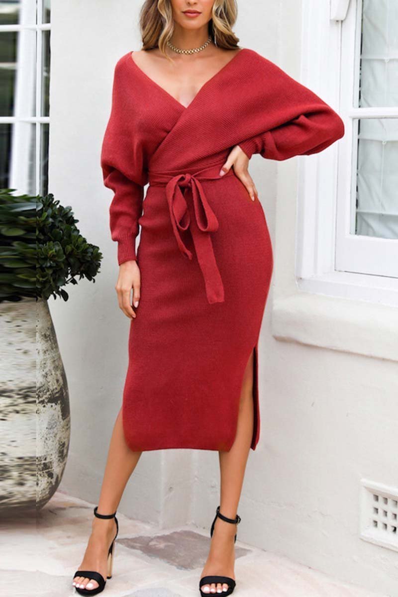 Florcoo Elegant V Neck Backless Sweater Dress in 5 Colors