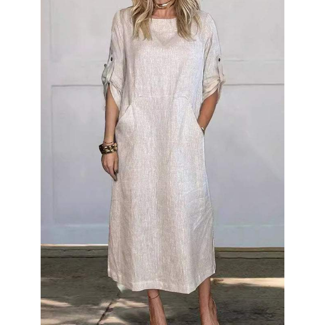 Round Neck Roll Tab Sleeve Pocket Side Slit Shift Maxi Dress