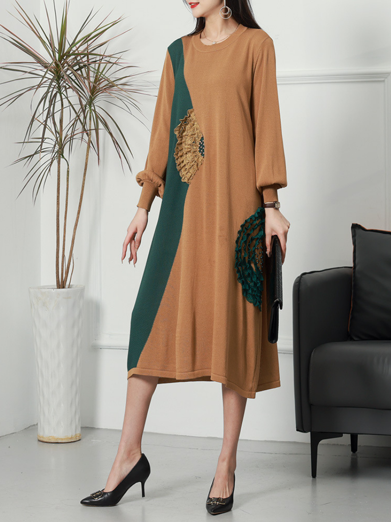 Two-Tone Knit Round Neck Balloon Sleeve Appliqué Midi Dress 10