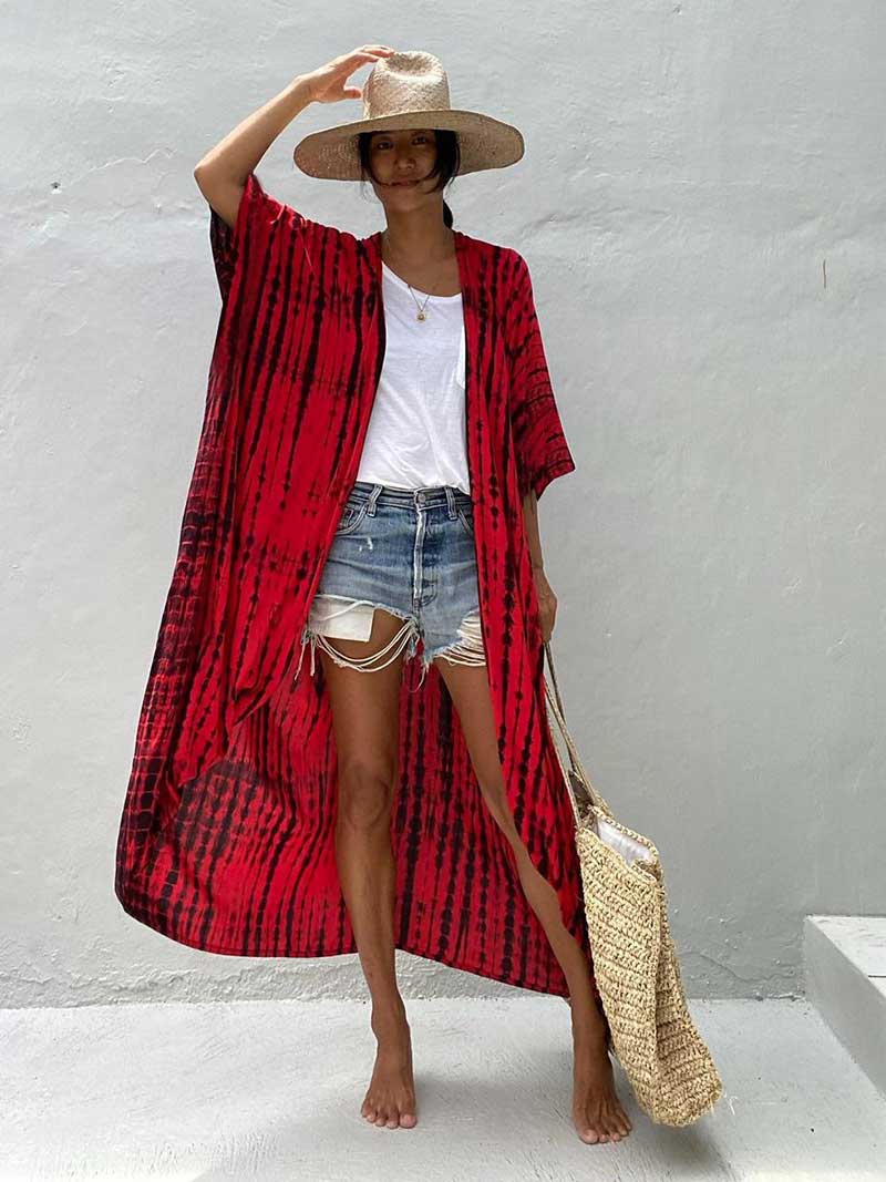 Tie-Dye Print Different Colors Rayon Long Length Gown Kimono Duster Robe - Fashionpara