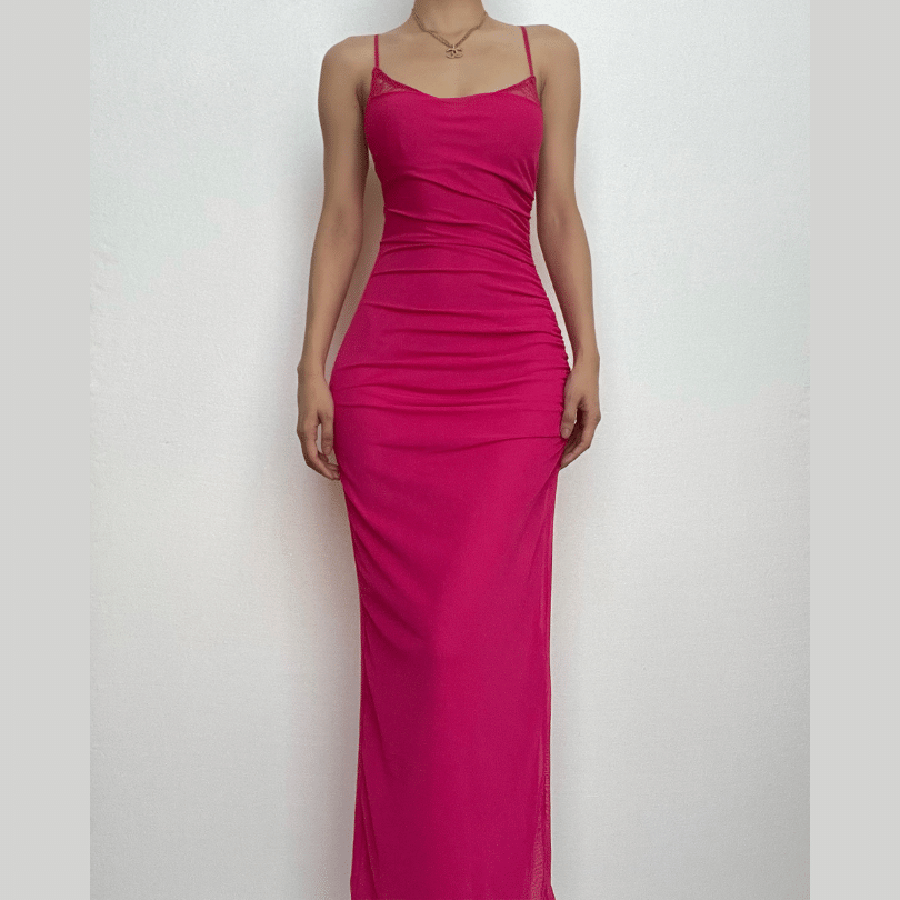 Mesh ruched slit square neck solid backless cami midi dress - View 2