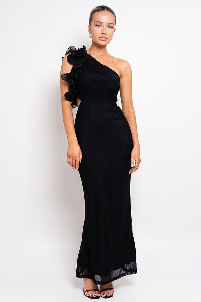One-Shoulder Ruffle Cutout Mesh Bodycon Maxi Dress