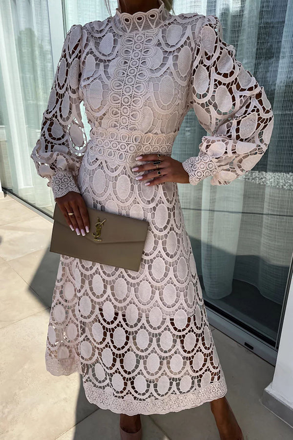 Lace Mock Neck Puff Sleeve Structured Waistband A-Line Midi Dress - View 11