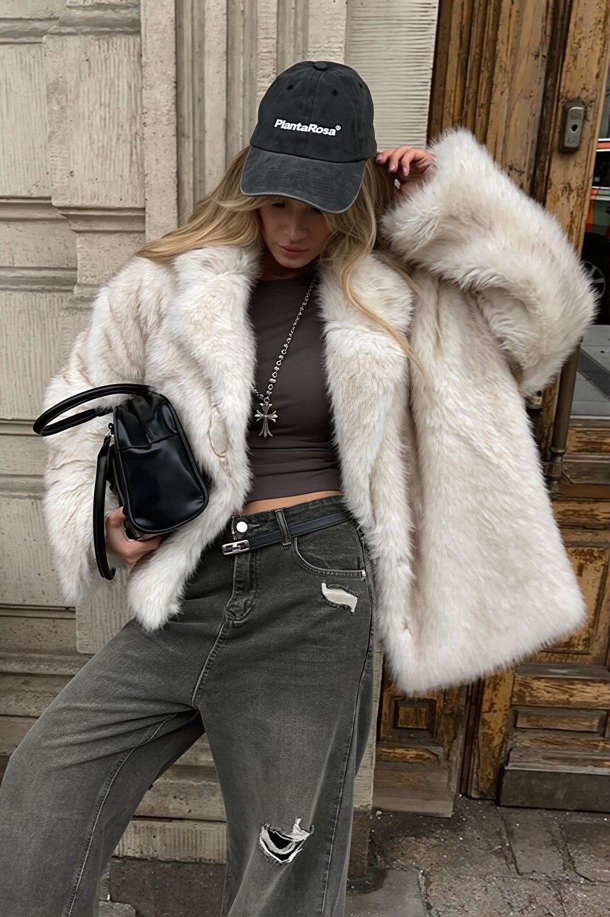 Wide Collar Mid Length Faux Fur Coat