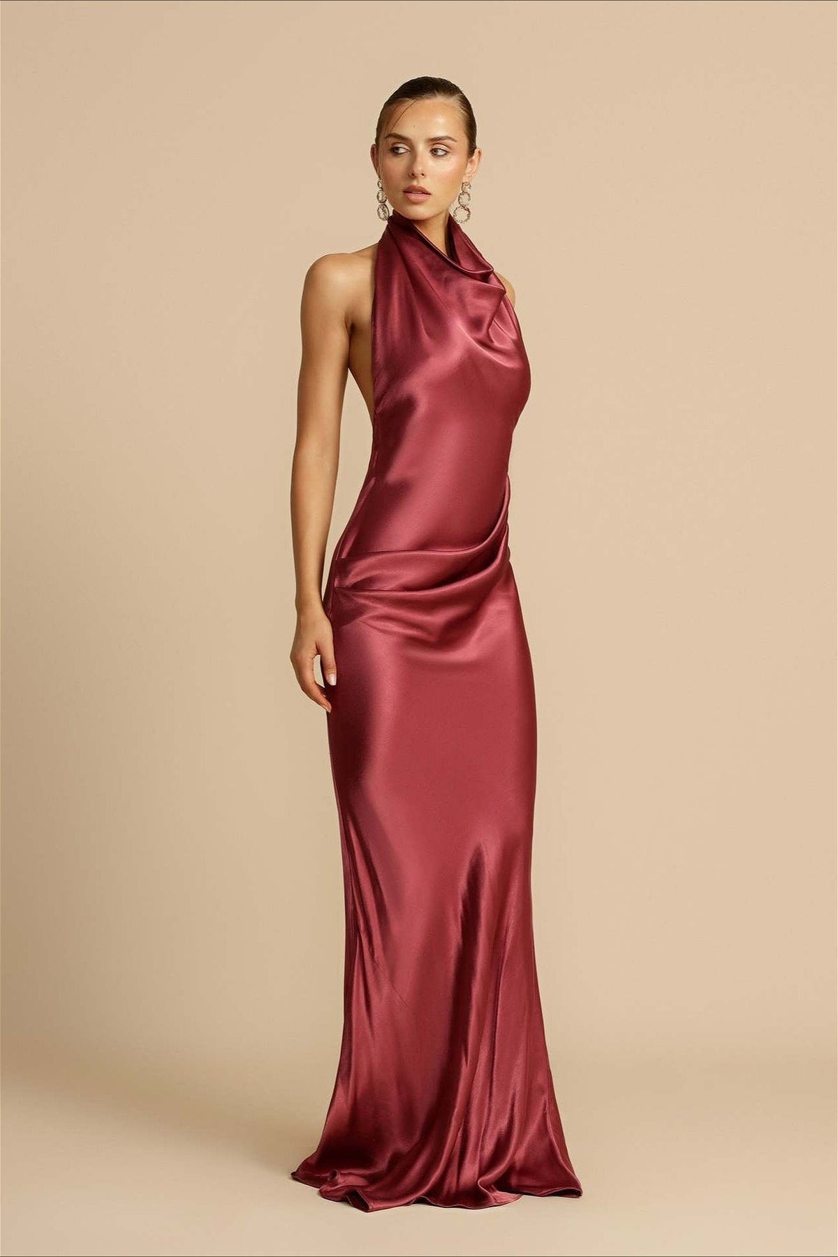 Satin Cowl Neck Halter Backless Mermaid Gown