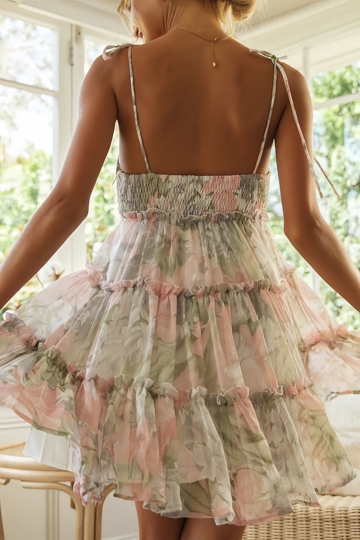 Floral Chiffon Square Neck Tiered Babydoll Mini Dress 10