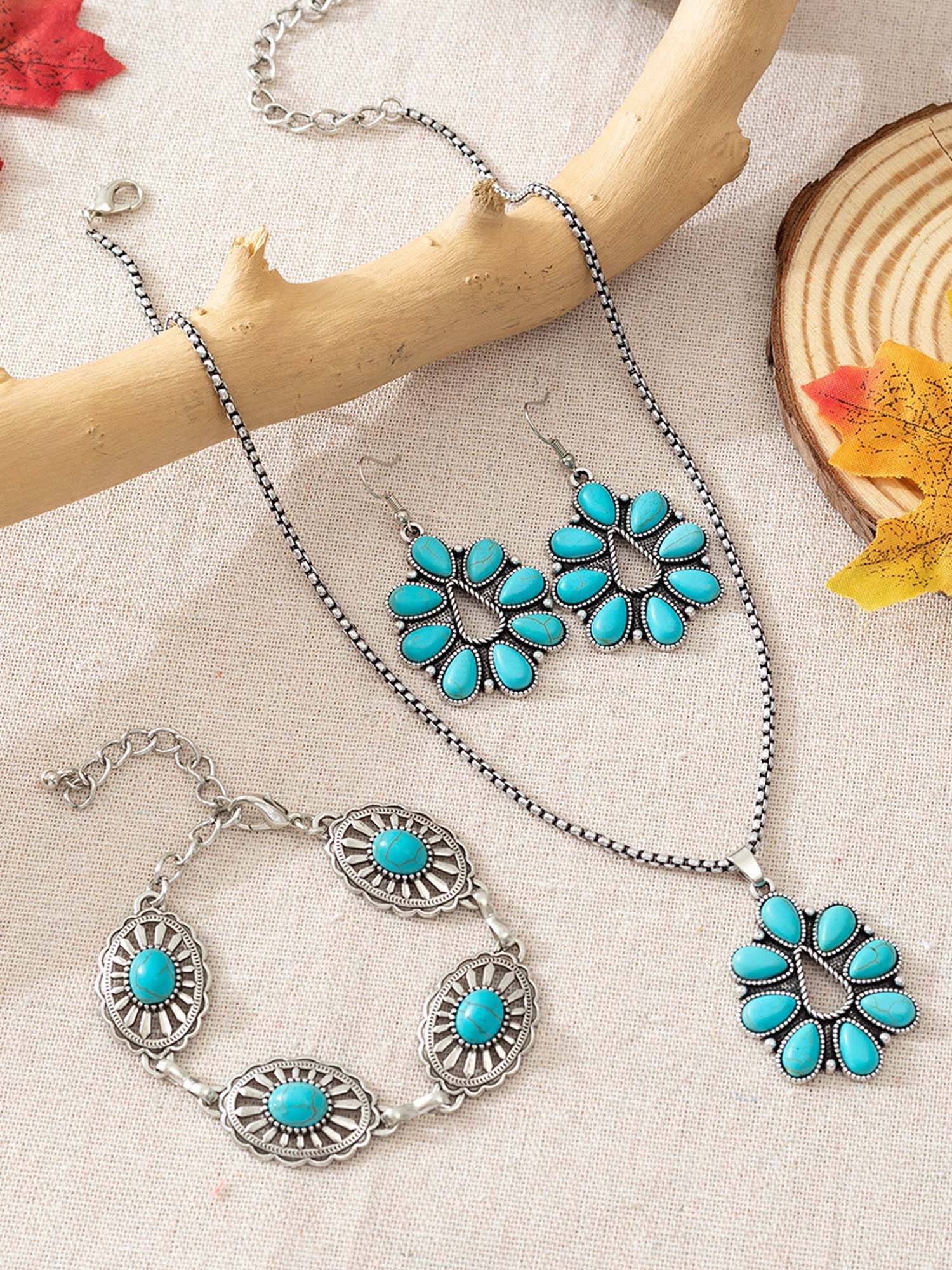 Vintage Western Turquoise Teardrop Necklace Earrings Bracelet Set - Fashionpara