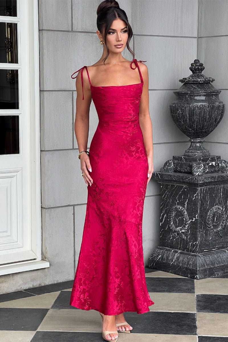 Jacquard Square Neck Tie Strap Mermaid Maxi Dress