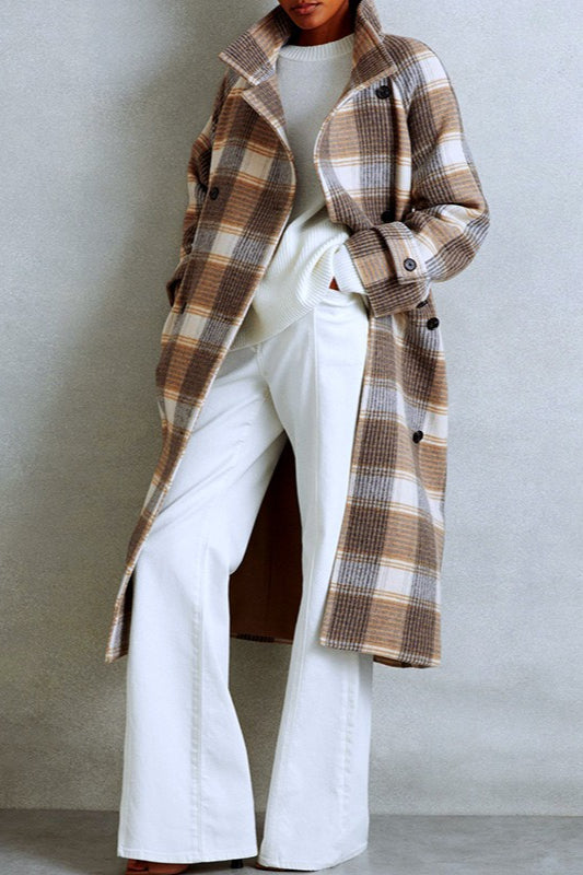 Color Block Check Tweed Belted Overcoat