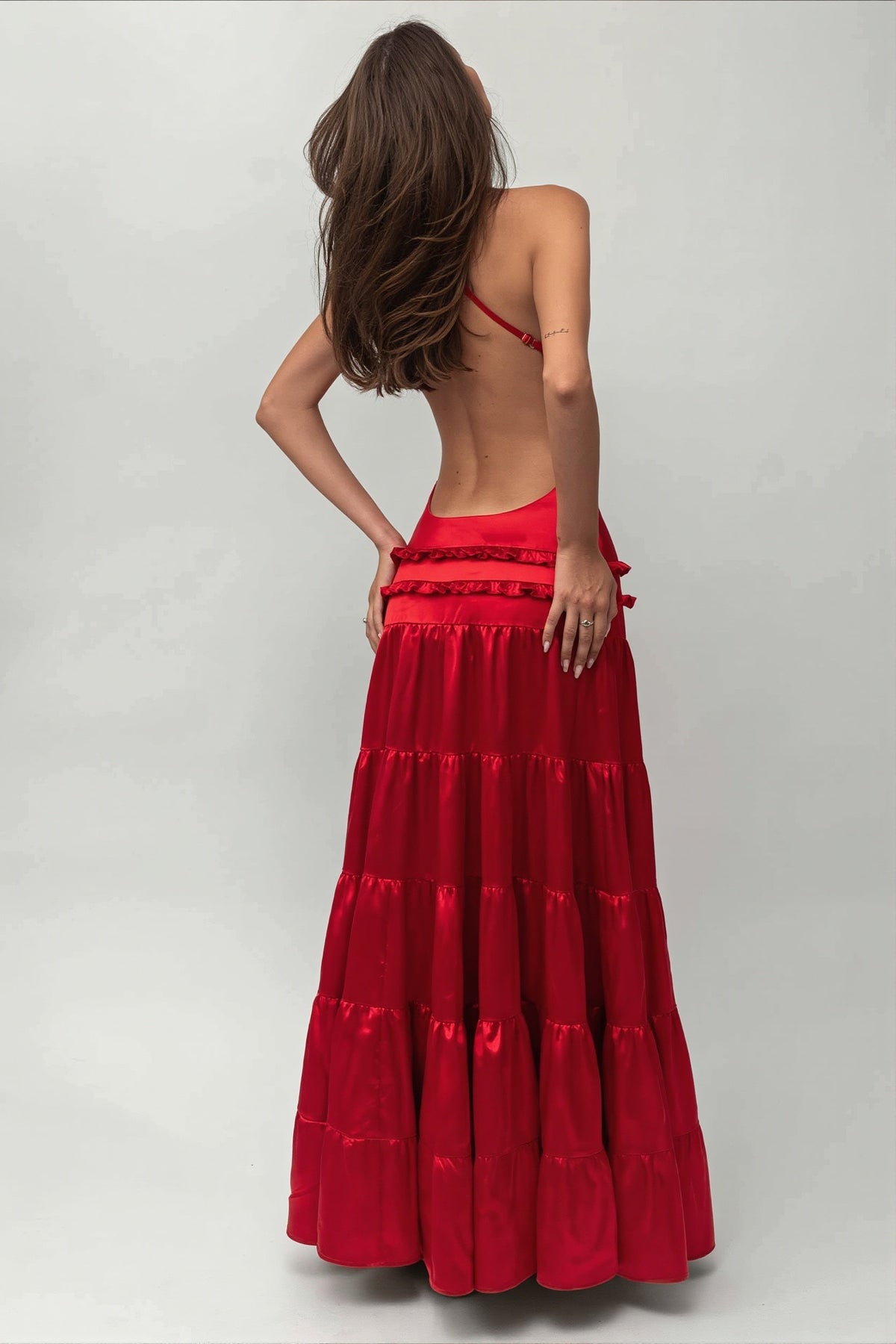 Satin One Shoulder Drop Waist Tiered Maxi Gown 5