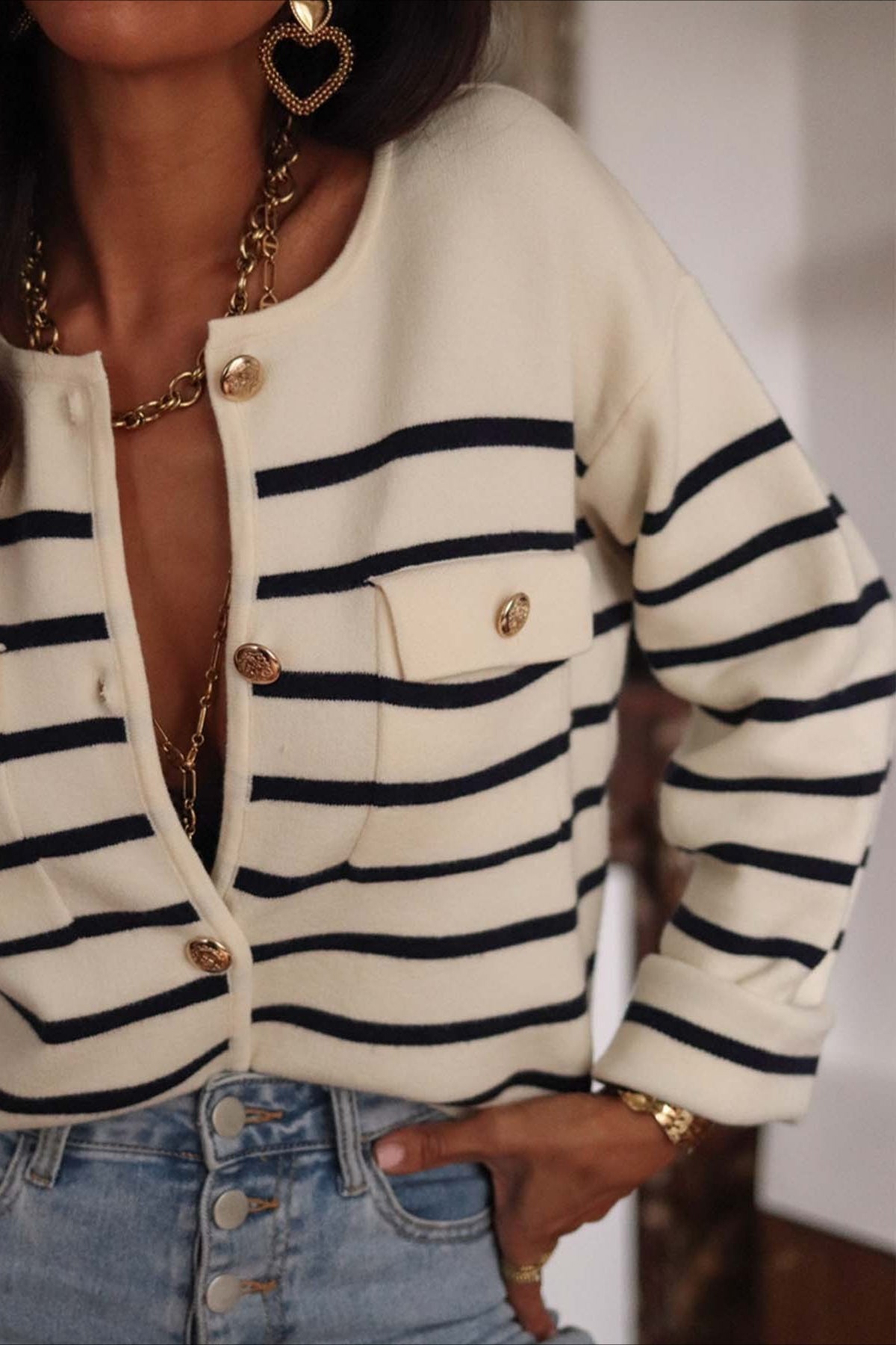 Stripe Button Long Sleeve Knit Blouse