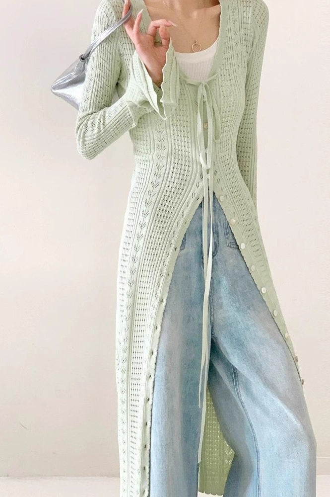 Light Green V-Neck Bell-Sleeve Midi Knit Cardigan for All
