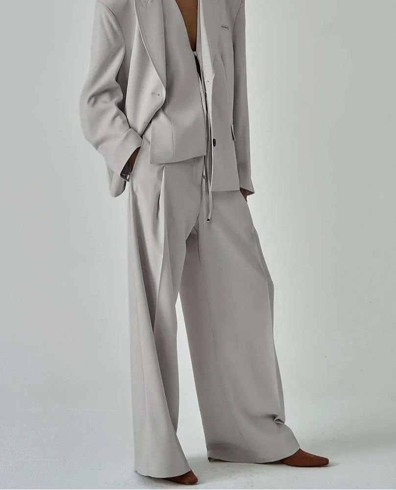 Grey Button Shirt Lace-Up Pants Office Two Piece Set