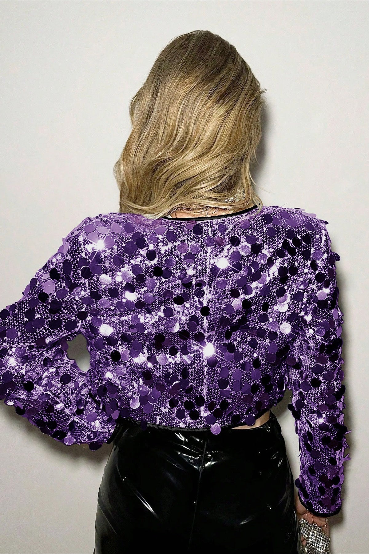 Chic Cropped Metallic Sequin Detail Coat - Fashionpara