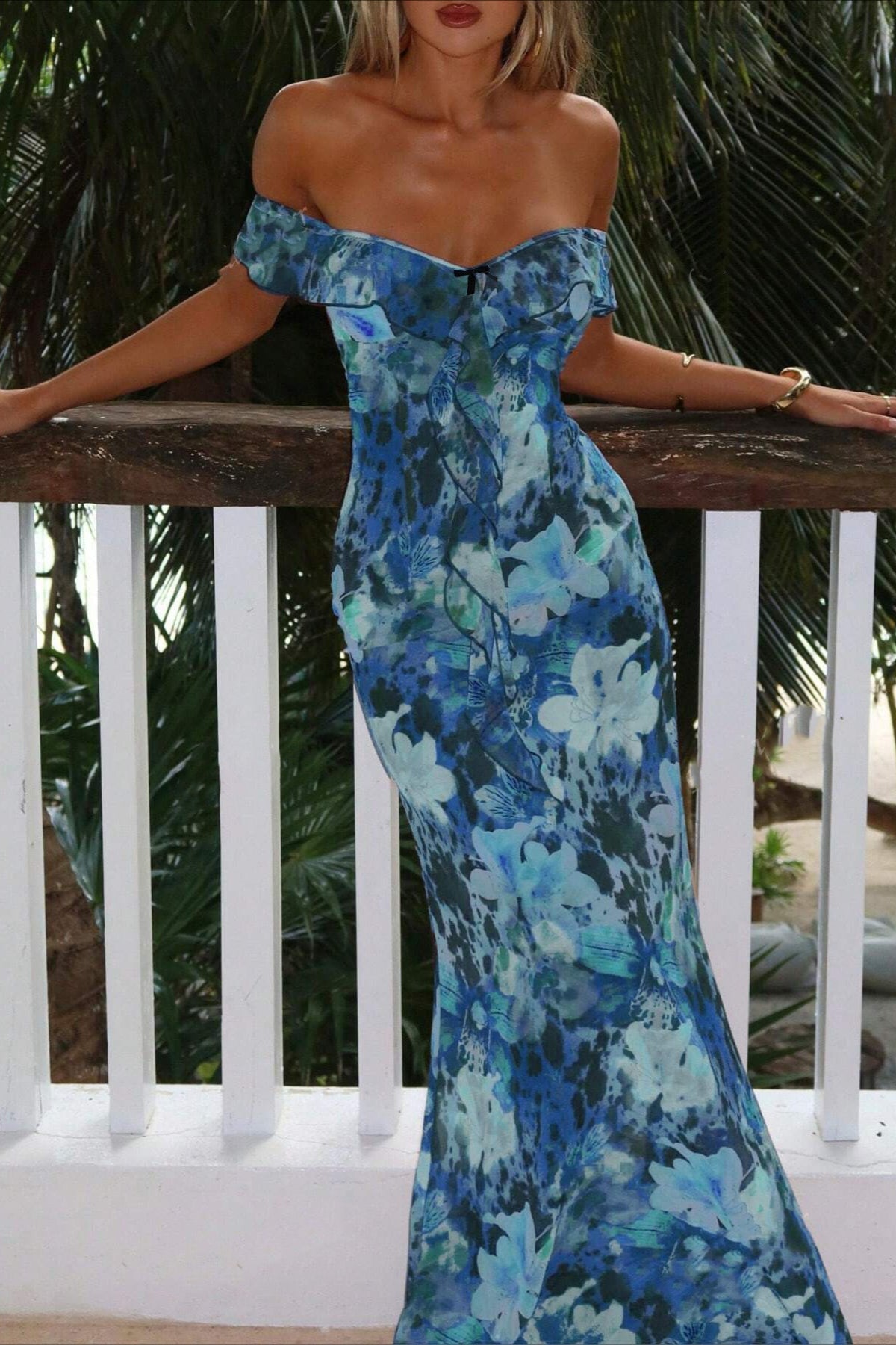 Floral Print Off Shoulder Ruffle Mermaid Maxi Gown 11