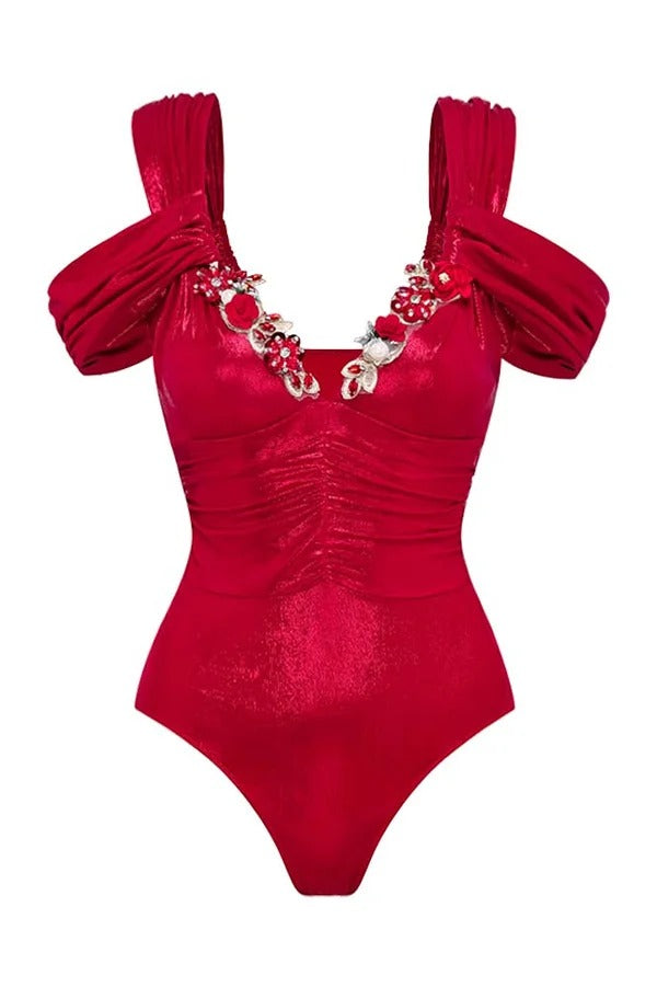 Solid Color Shiny Fabric Deep V Metal Embellished Stretch One-piece Swimsuit - Fashionpara