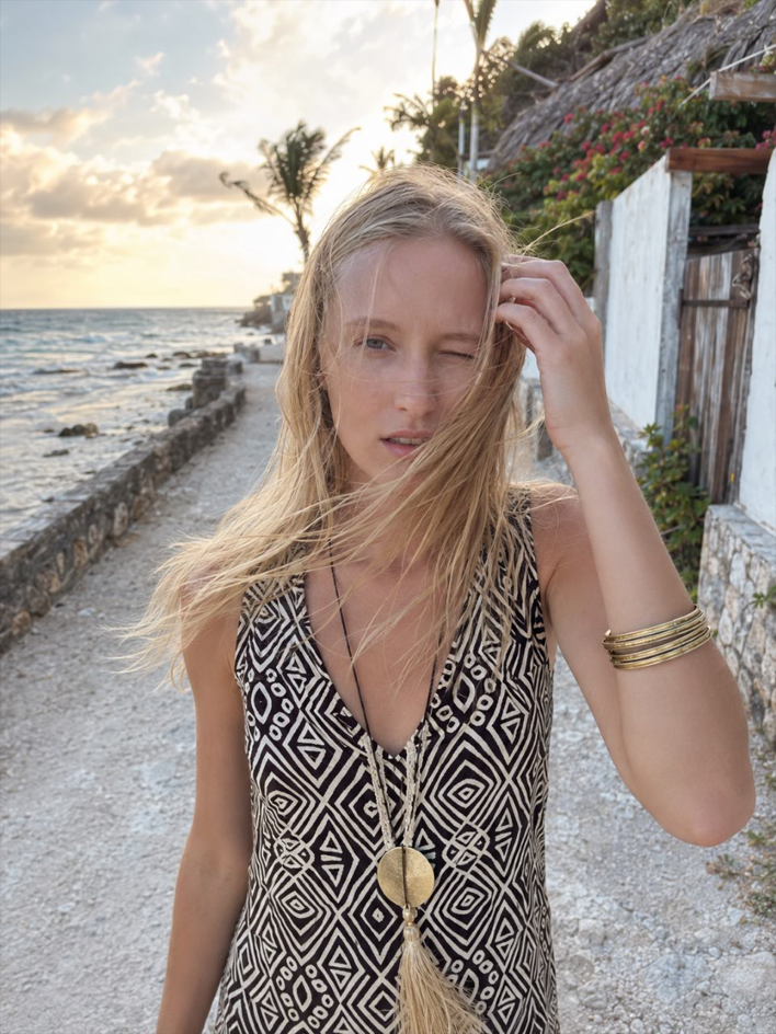 Geometric Print V-Neck Tassel Tie Boho Maxi Dress