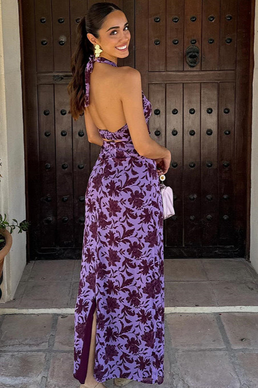 Backless Halter Print Slit Maxi Dress