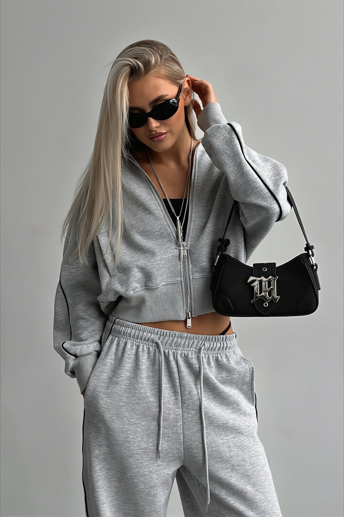 Contrast Piping Zip Front Jogger Hoodie Two Piece Set