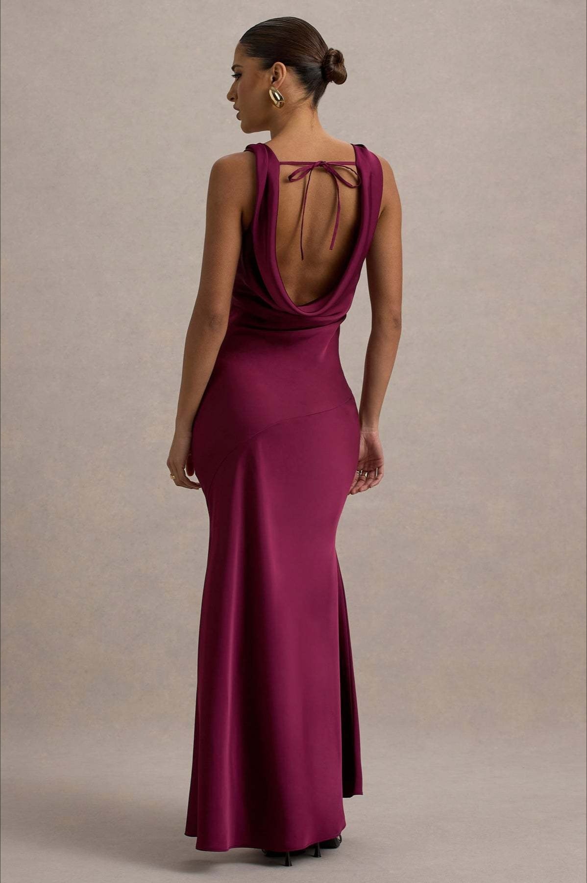 Satin Cowl Neck Wide Strap Sleeveless Diagonal Seam Sheath Maxi Gown - View 4