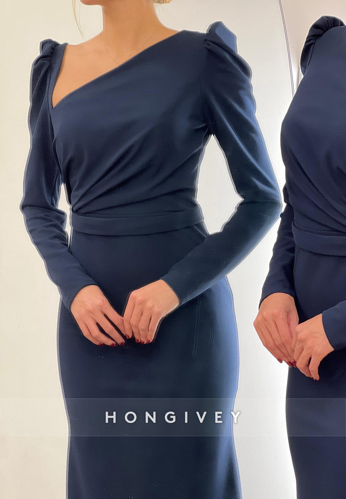 L2966 - Trumpet Asymmetrical Long Sleeve Empire Party Prom Evening Dress - Fashionpara