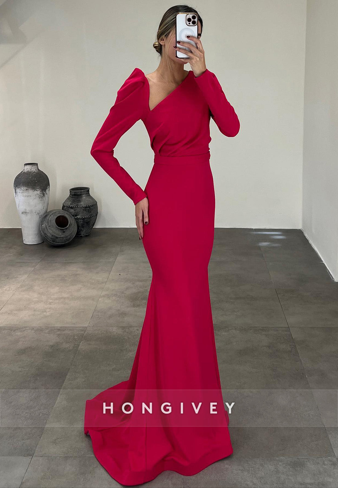 L2966 - Trumpet Asymmetrical Long Sleeve Empire Party Prom Evening Dress - Fashionpara