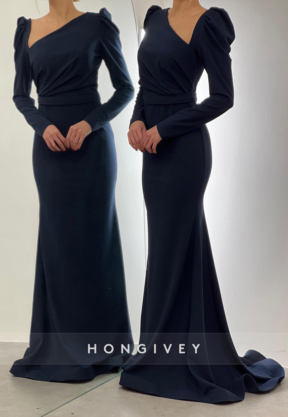 L2966 - Trumpet Asymmetrical Long Sleeve Empire Party Prom Evening Dress - Fashionpara