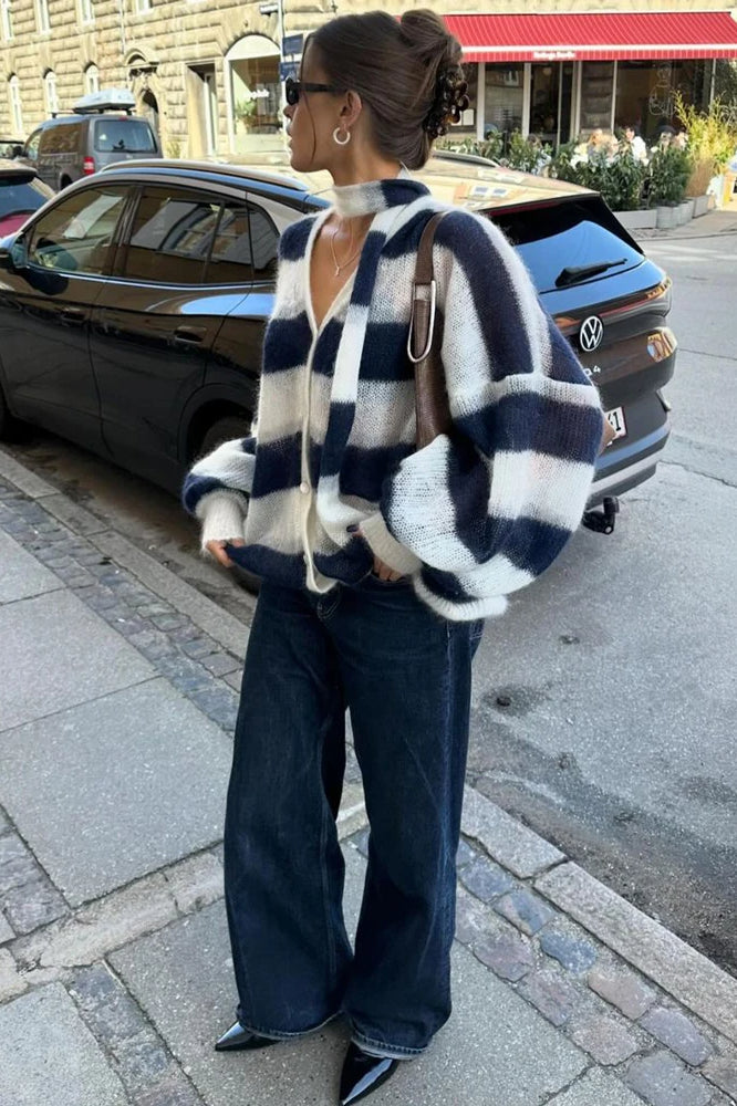 V-Neck Patchwork Knit Cardigan