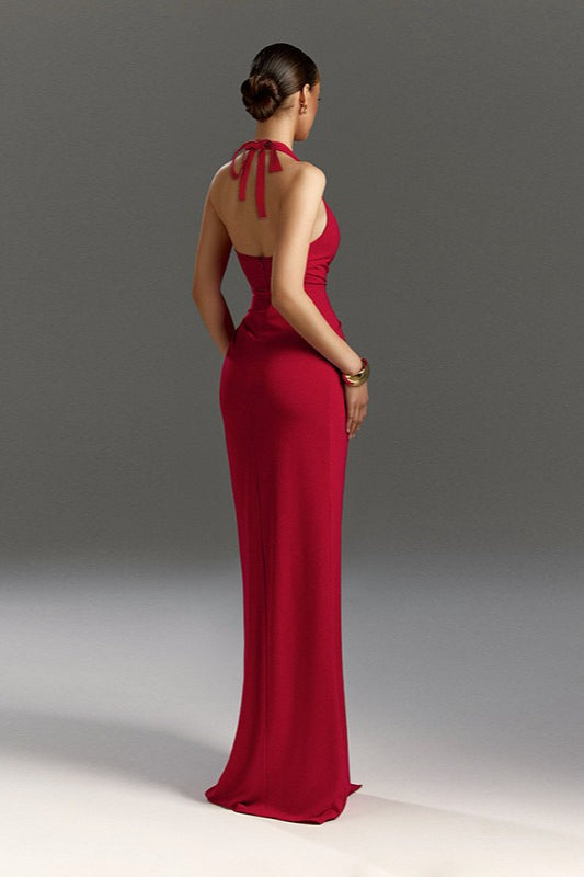 Halter Neck Deep V-Neck Ruched Wrap High Split Maxi Dress - View 3