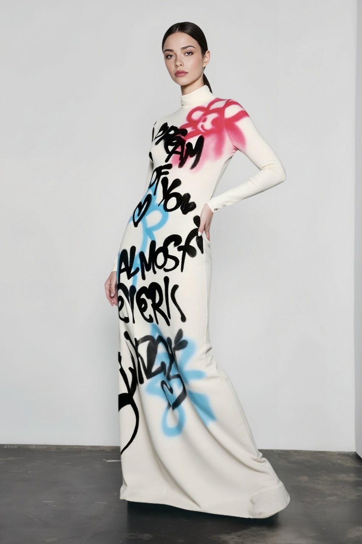 Graffiti Print High Neck Long Sleeve Maxi Gown