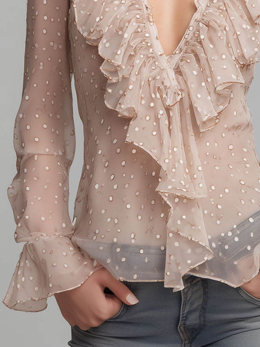 Blush Nude Asymmetric Ruffled Polka-Dot Sheer Blouse