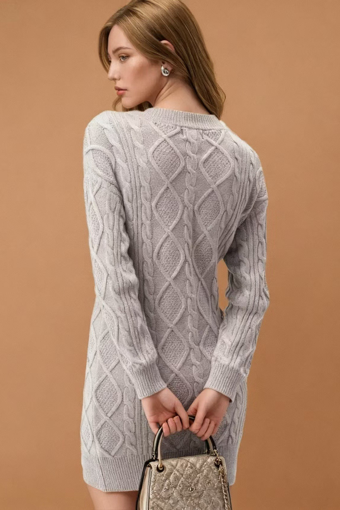 PrincessAce V-Neck Cable-Knit Sweater Mini Dress in Solid Color