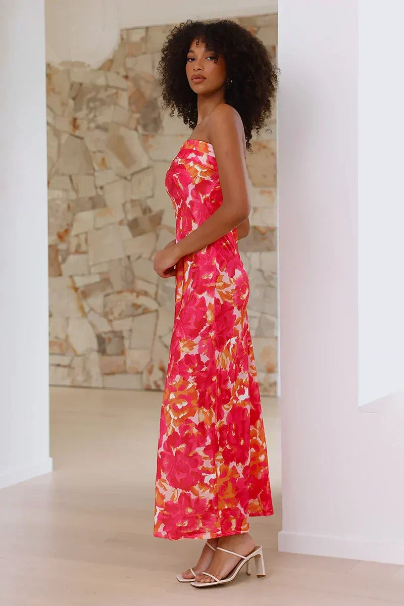 Strapless Foldover Bust Large Floral Print Column Midi Dress - View 2