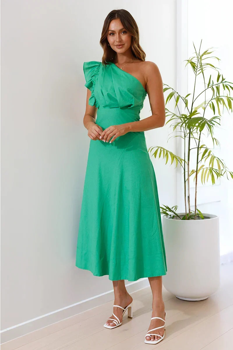 One Shoulder Ruffle Ruched Fit and Flare Midi Dress - View 5