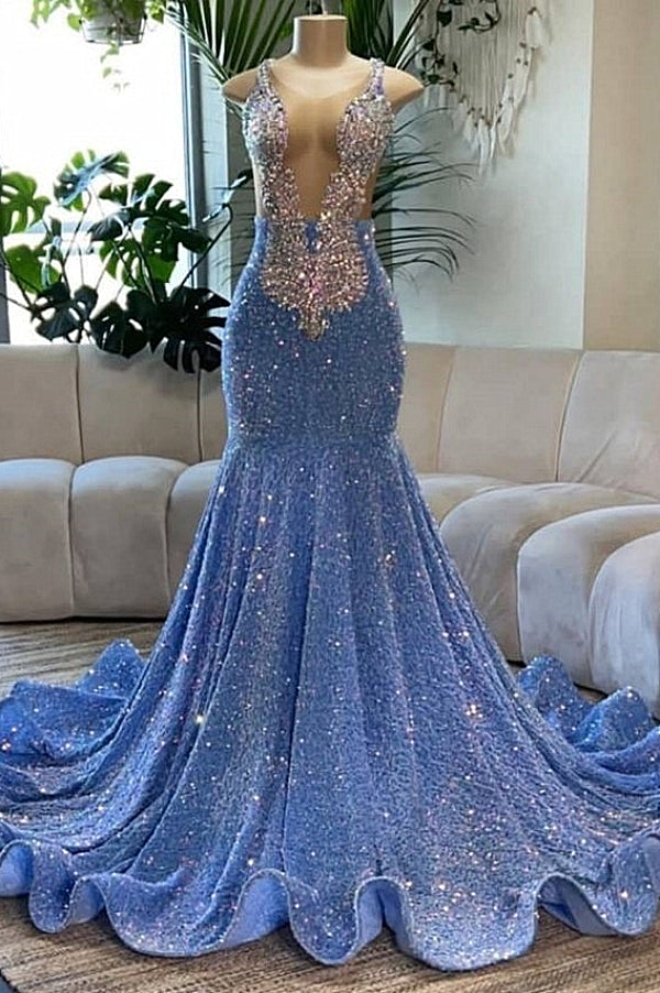 Beautiful Deep V-Neck Mermaid Sequins Backless Long Prom Dresses - Fashionpara