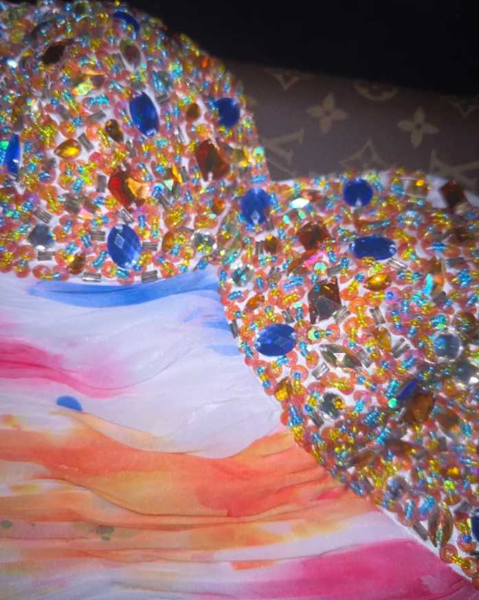 Chic Strapless Beaded Colorful Chiffon Ruffles Mermaid Party Dress Long Prom Dresses D933