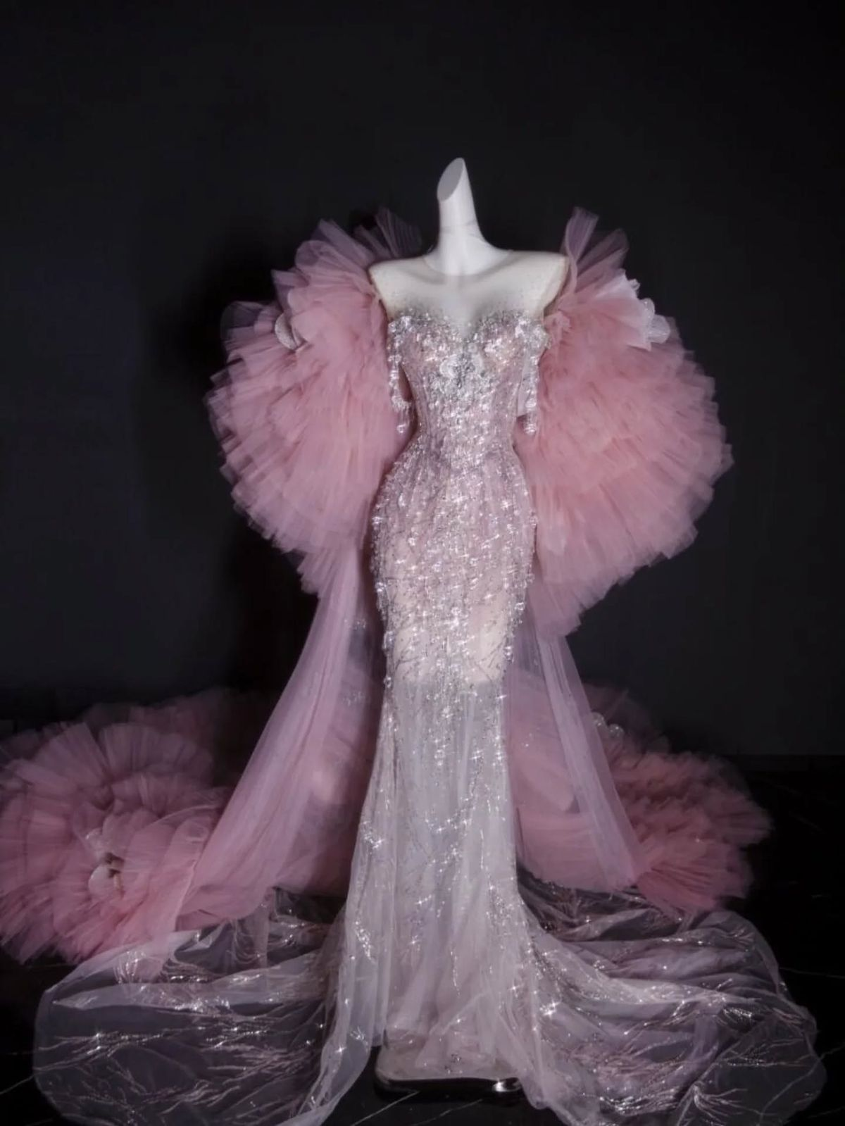 Gorgeous Strapless Pink Sequin Beaded Mermaid Long Evening Dress Party Dress With Cape D1196