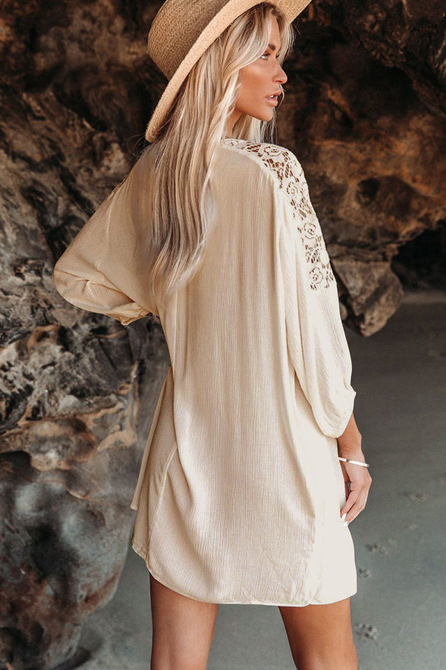 Spliced Lace Three-Quarter Sleeve Cover Up - Fashionpara