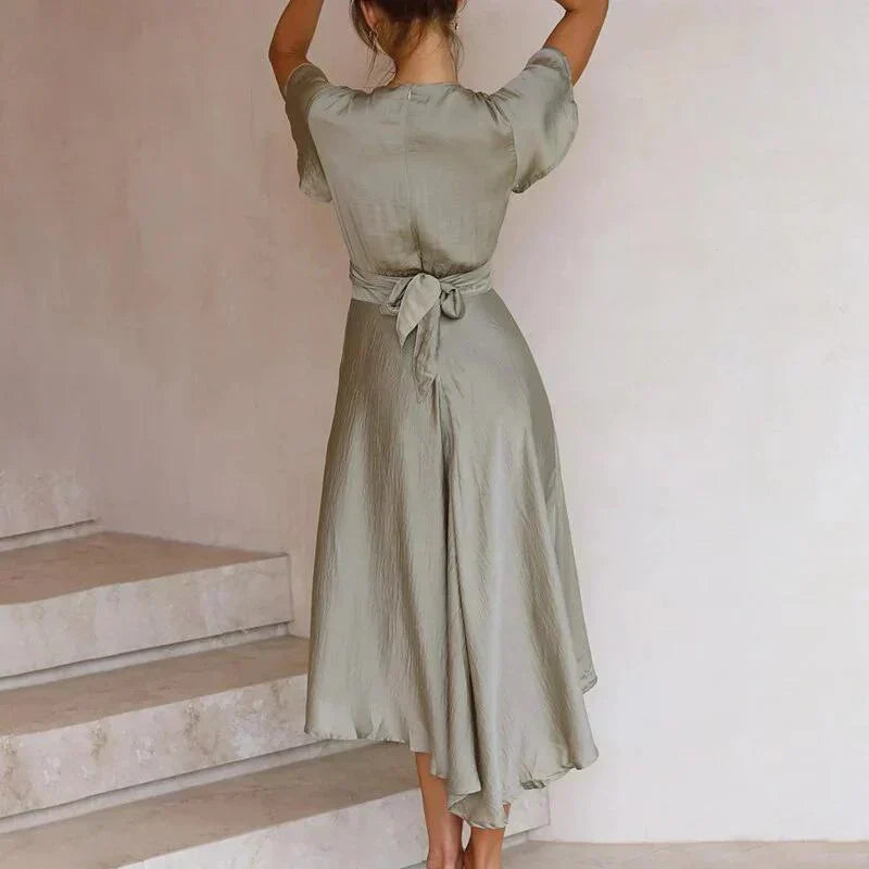 Satin Tie Front Deep V-Neck Flutter Sleeve High Split Midi Dress - View 2