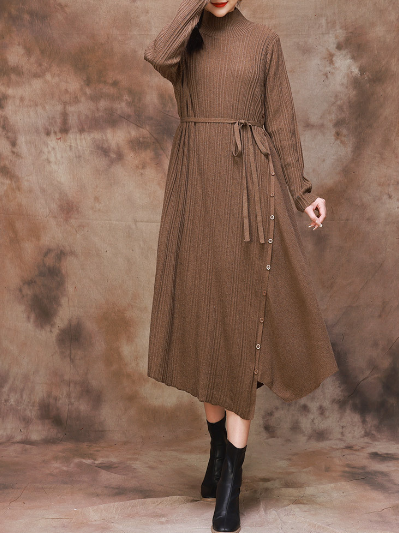 Solid Color Collar A-Line Dress with Thin Belt for Women - Fashionpara