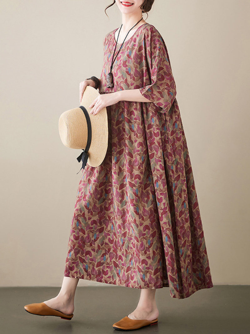 Leaf Print Round Neck Pleated Smock Midi Dress 4