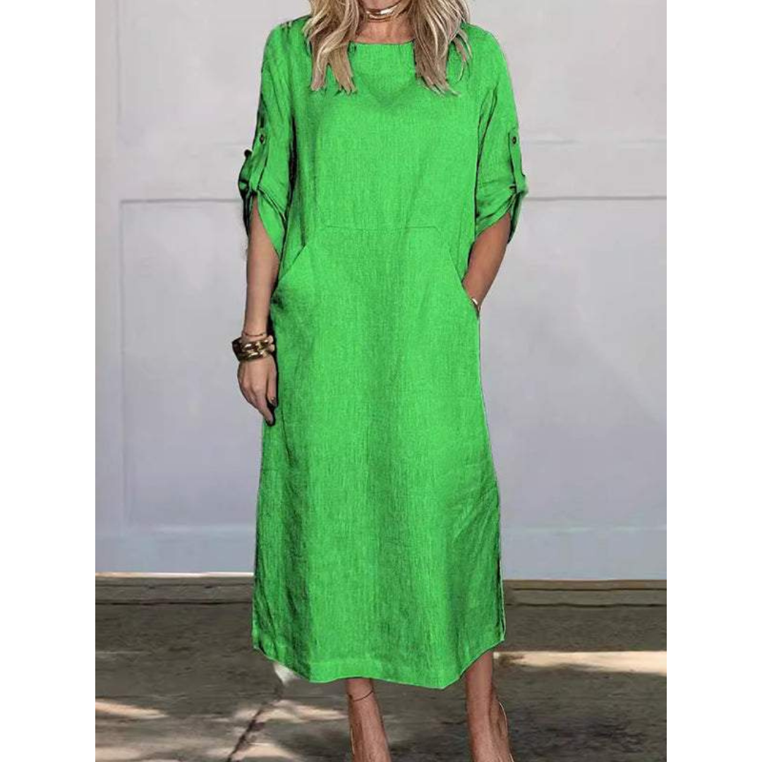 Round Neck Roll Tab Sleeve Pocket Side Slit Shift Maxi Dress - View 2