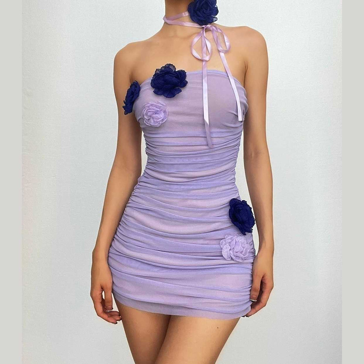 Strapless Rosette Ruched Mesh Backless Bodycon Mini Dress - View 12