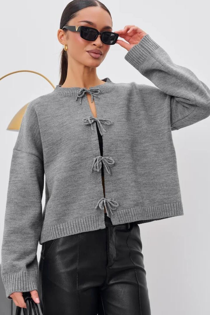 Tie Front Crew Neck Relaxed Knit Cardigan 3