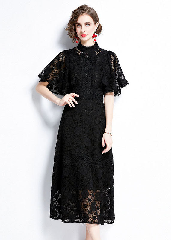 Lace Mock Neck Flutter Sleeve A-Line Midi Dress
